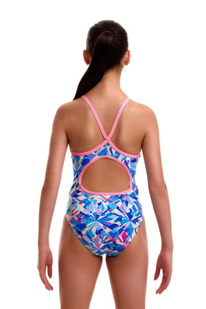 Funkita girls crystal mess diamond back one-piece swimsuit in vibrant multi-color pattern, designed for active swimming and comfort.