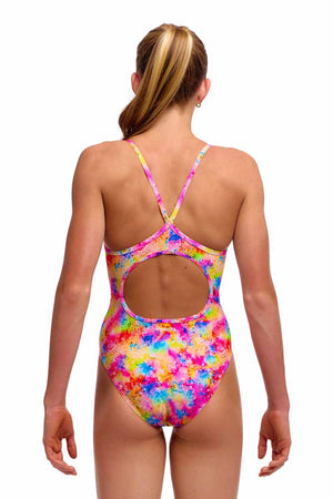 Funkita girls' Dry Me diamond back one-piece swimsuit in multi-color with vibrant geometric pattern for swimming and active wear.