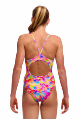 Funkita girls' Dry Me diamond back one-piece swimsuit in multi-color with vibrant geometric pattern for swimming and active wear.