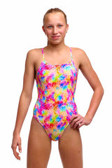 Funkita girls' Dry Me Diamond Back one-piece swimsuit in multi-color with diamond pattern, designed for swimming and active wear.