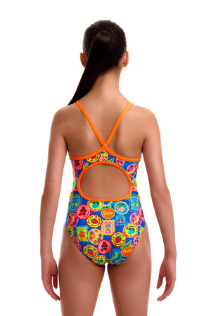 Funkita Girls Five Serves Diamond Back One Piece Swimsuit in multi-color with a geometric pattern on the front and diamond back straps.