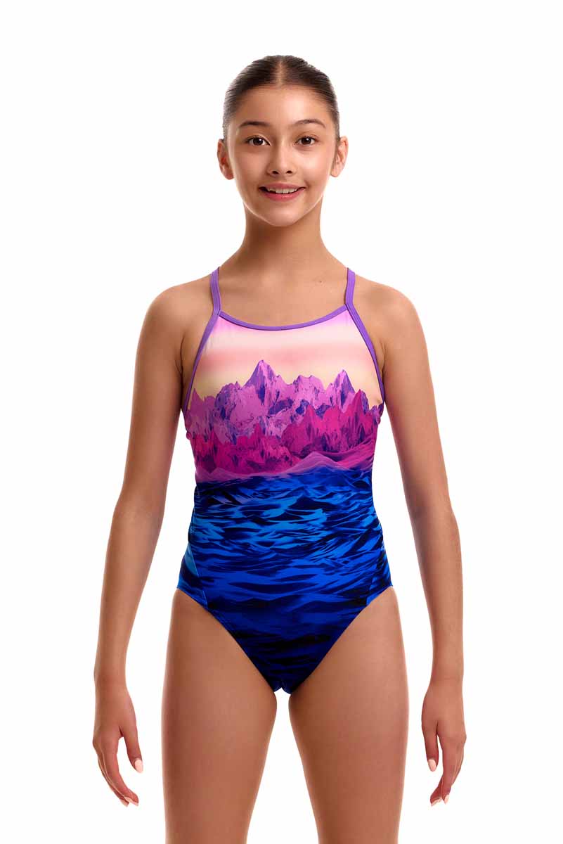 Funkita Girls Pink Peaks Diamond Back One Piece Swimsuit - Pink/Blue