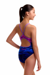 Funkita Girls Pink Peaks Diamond Back One Piece Swimsuit - Pink/Blue