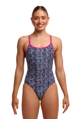 Funkita Womens Stickler Diamond Back One Piece Swimsuit - Black/White/Pink