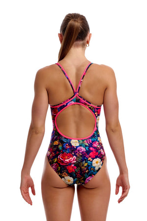 Funkita Women's Bed Of Roses diamond back one-piece swimsuit in multi-colored floral design displayed on a model.