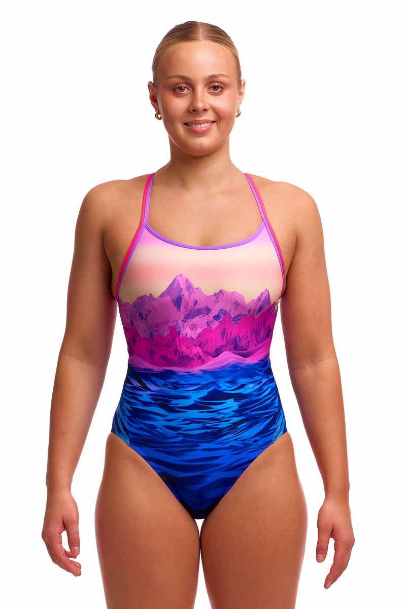 Funkita Ladies Pink Peaks Diamond Back One Piece Swimsuit - Pink/Blue