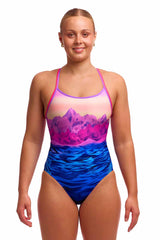 Funkita Ladies Pink Peaks Diamond Back One Piece Swimsuit - Pink/Blue