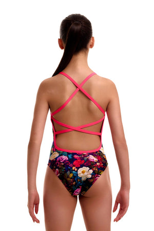 Funkita Girls Bed Of Roses strapped one-piece swimsuit in multi with floral pattern and pink accents, suitable for swimming and beachwear.