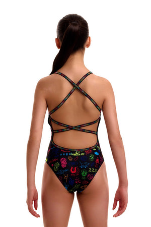 Funkita girls Doodles strapped one-piece swimsuit in vibrant multicolor with playful doodle pattern, suitable for swimming.