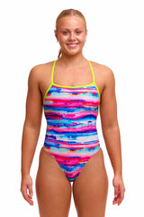 Funkita Ladies Colour Cutaway Strapped One Piece Swimsuit in multi-colored design, featuring cutaway details and supportive straps.