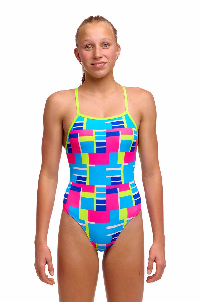 Funkita girls' Blok Tok Tie Me Tight one-piece swimsuit in colorful print, featuring a sleek, sporty design perfect for swimming.