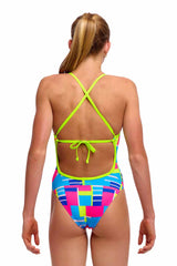 Funkita girls' Blok Tok Tie Me Tight one-piece swimsuit in vibrant multi-color design with sleek straps and a fitted cut.