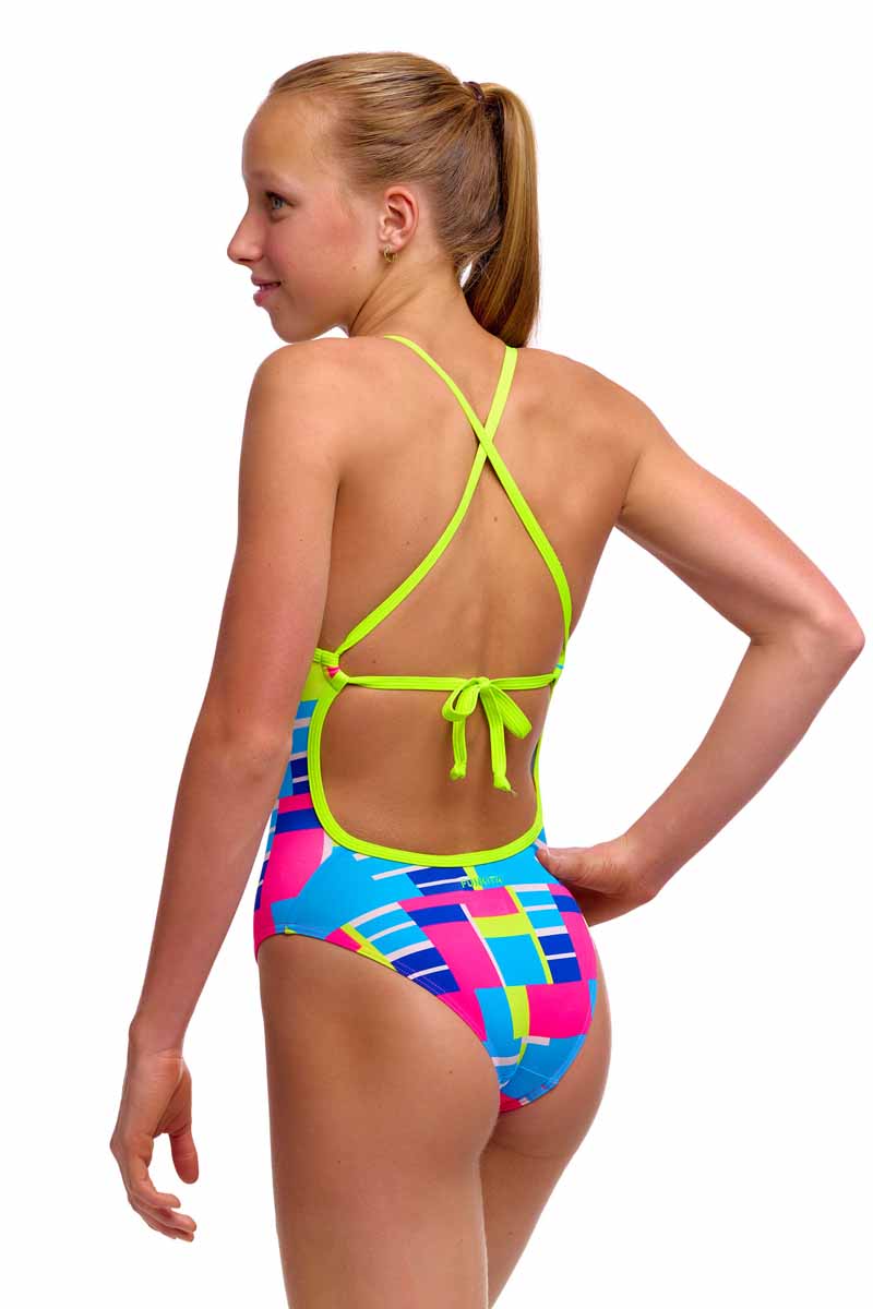 Funkita Girls Blok Tok Tie Me Tight one-piece swimsuit in multi-color with a sporty design, suitable for swimming and active wear.