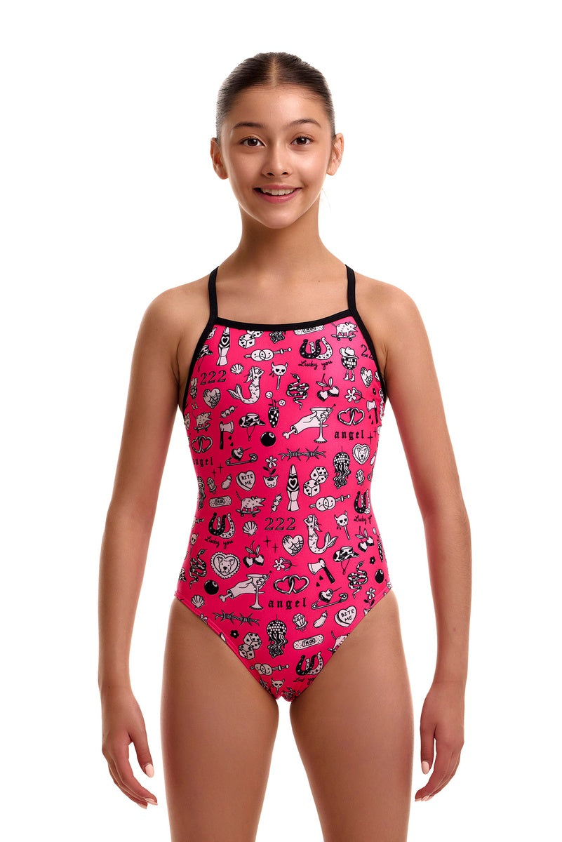 Funkita Girls Sketchy Tie Me Tight One Piece Swimsuit - Pink/Black/White