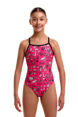 Funkita Girls Sketchy Tie Me Tight One Piece Swimsuit - Pink/Black/White