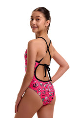 Funkita Girls Sketchy Tie Me Tight One Piece Swimsuit - Pink/Black/White