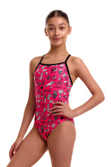 Funkita Girls Sketchy Tie Me Tight One Piece Swimsuit - Pink/Black/White