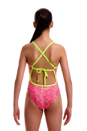 Funkita girls' pink and yellow one-piece swimsuit with a colorful sweet stack tie design, ideal for swimming and active wear.