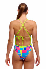 Funkita Ladies Blok Tok Tie Me Tight one-piece swimsuit in multi-color with bold pattern, designed for active swimming.