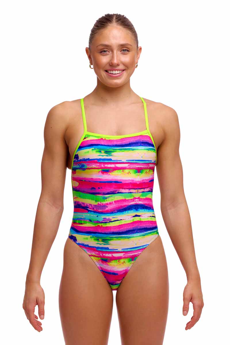 Funkita Ladies Paint Patch single strength one-piece swimsuit with colorful paint pattern, designed for comfortable swimming.