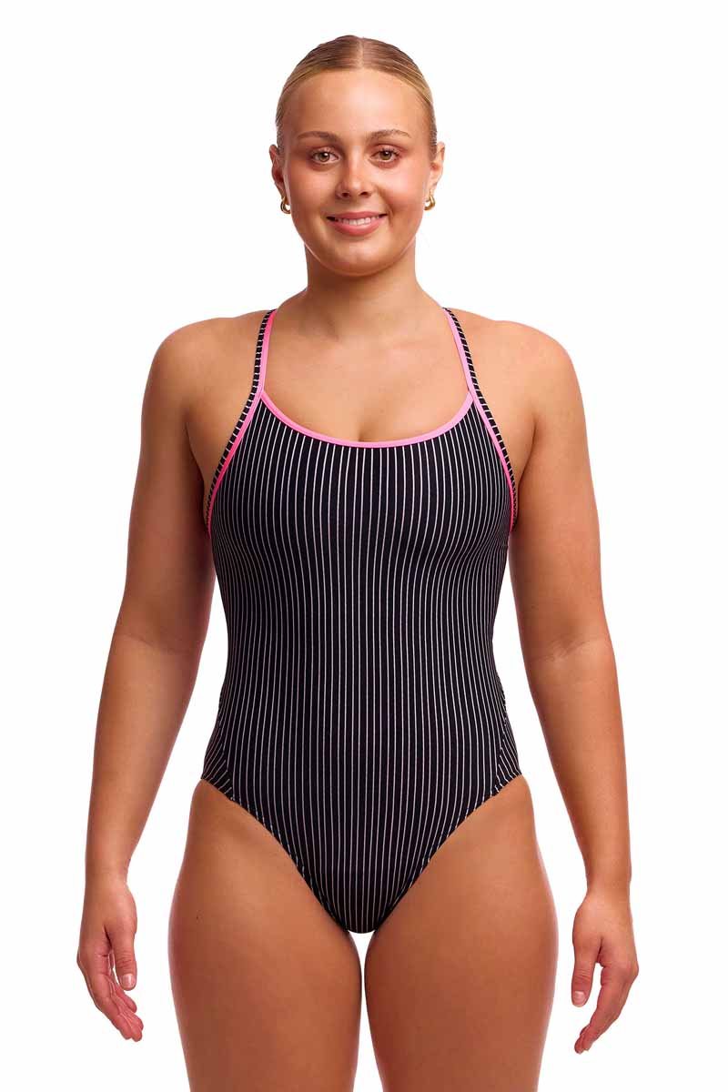 Funkita Ladies Pin Stripe Diamond Back Secure One Piece Swimsuit - Black/White