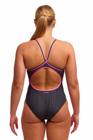 Funkita Ladies Pin Stripe Diamond Back Secure One Piece Swimsuit - Black/White