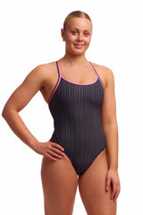 Funkita Ladies Pin Stripe Diamond Back Secure One Piece Swimsuit - Black/White