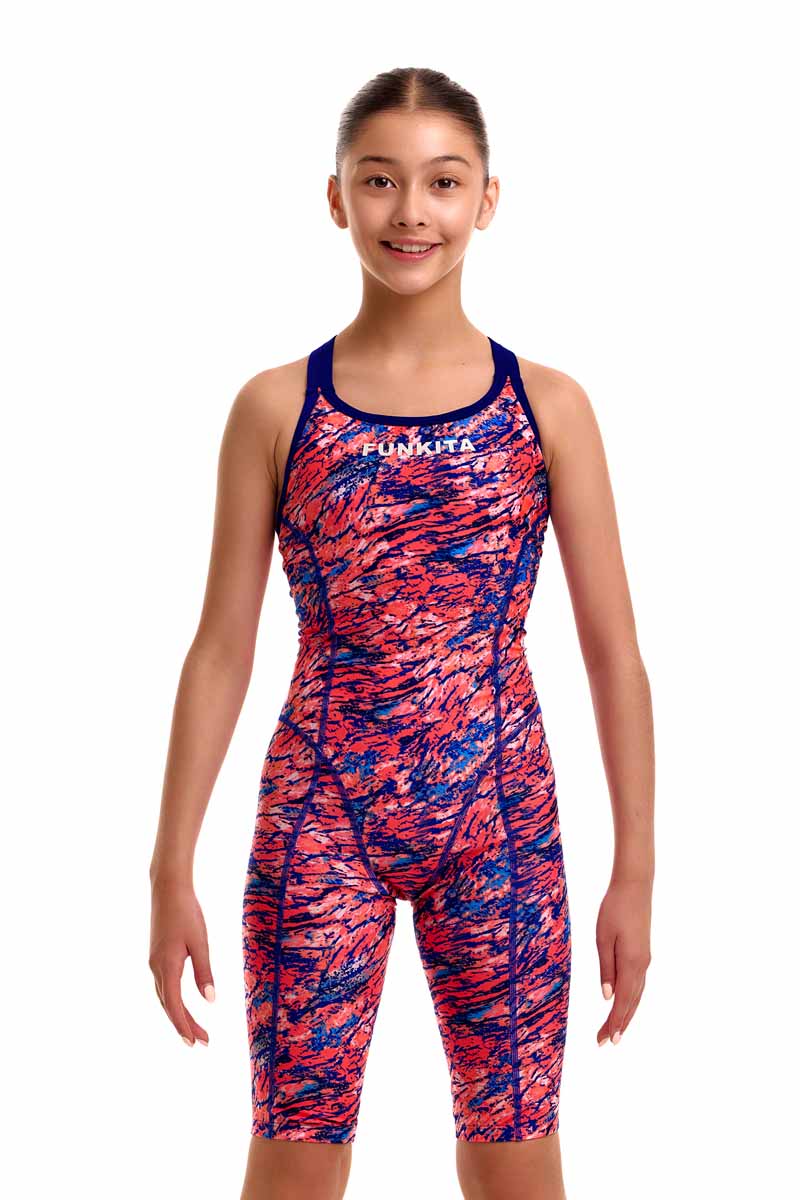 Funkita girls' Ruff Stuff fast training one-piece kneesuit in pink and blue with colorful patterns and snug fit.