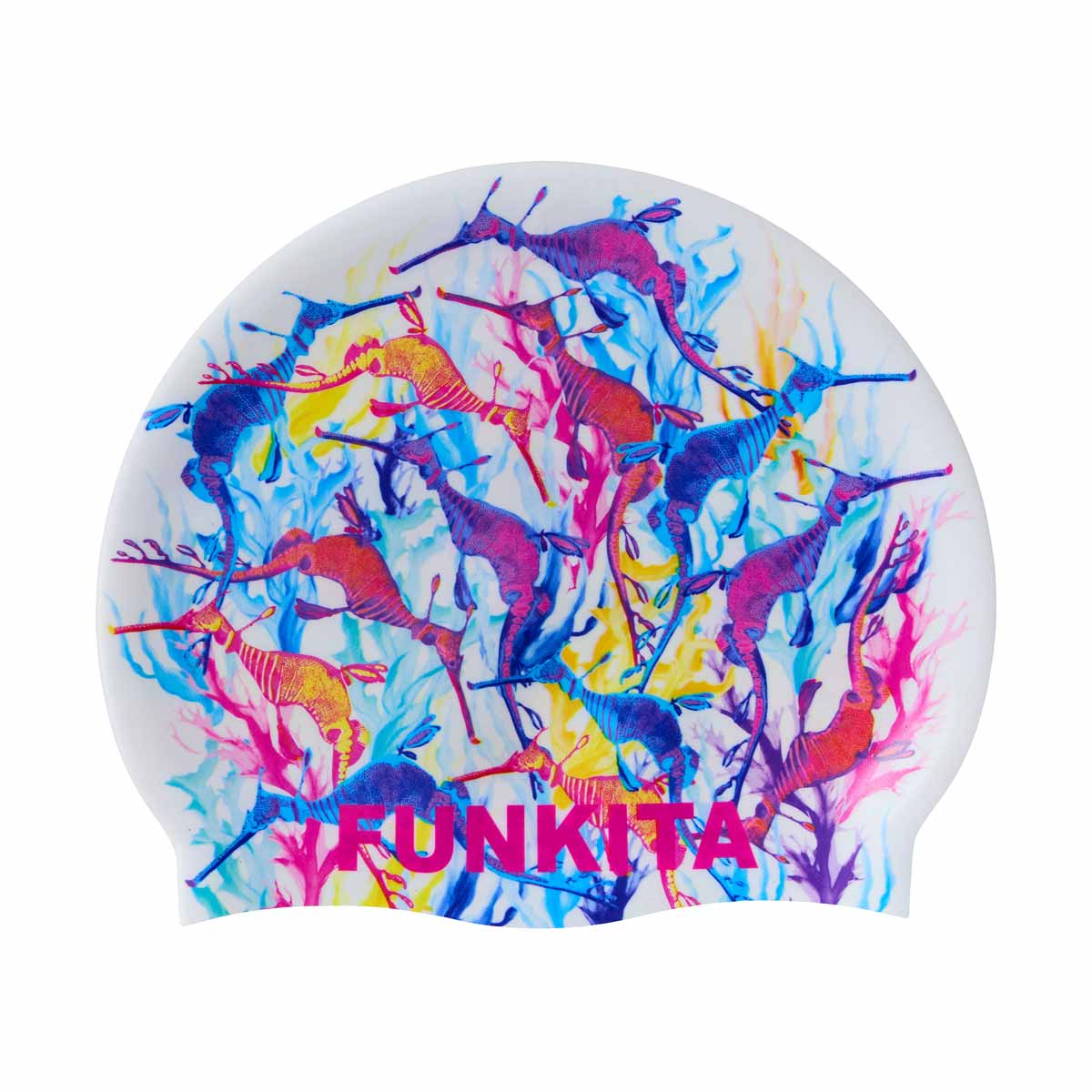 Way Funky Dreamy Weedy swim cap in vibrant multi-colored design, made for comfortable and stylish swimming.