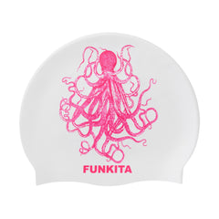 Way Funky Octomus pink silicone swimming cap with white accents, designed for comfortable fit and aquatic activities.