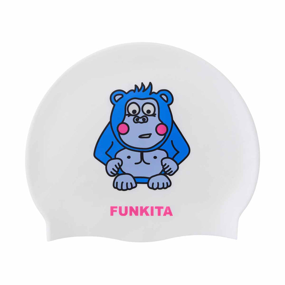 Way Funky purple back swim cap in white and purple, made for comfortable fit and stylish swimwear.
