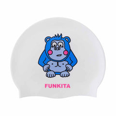 Way Funky purple back swim cap in white and purple, made for comfortable fit and stylish swimwear.