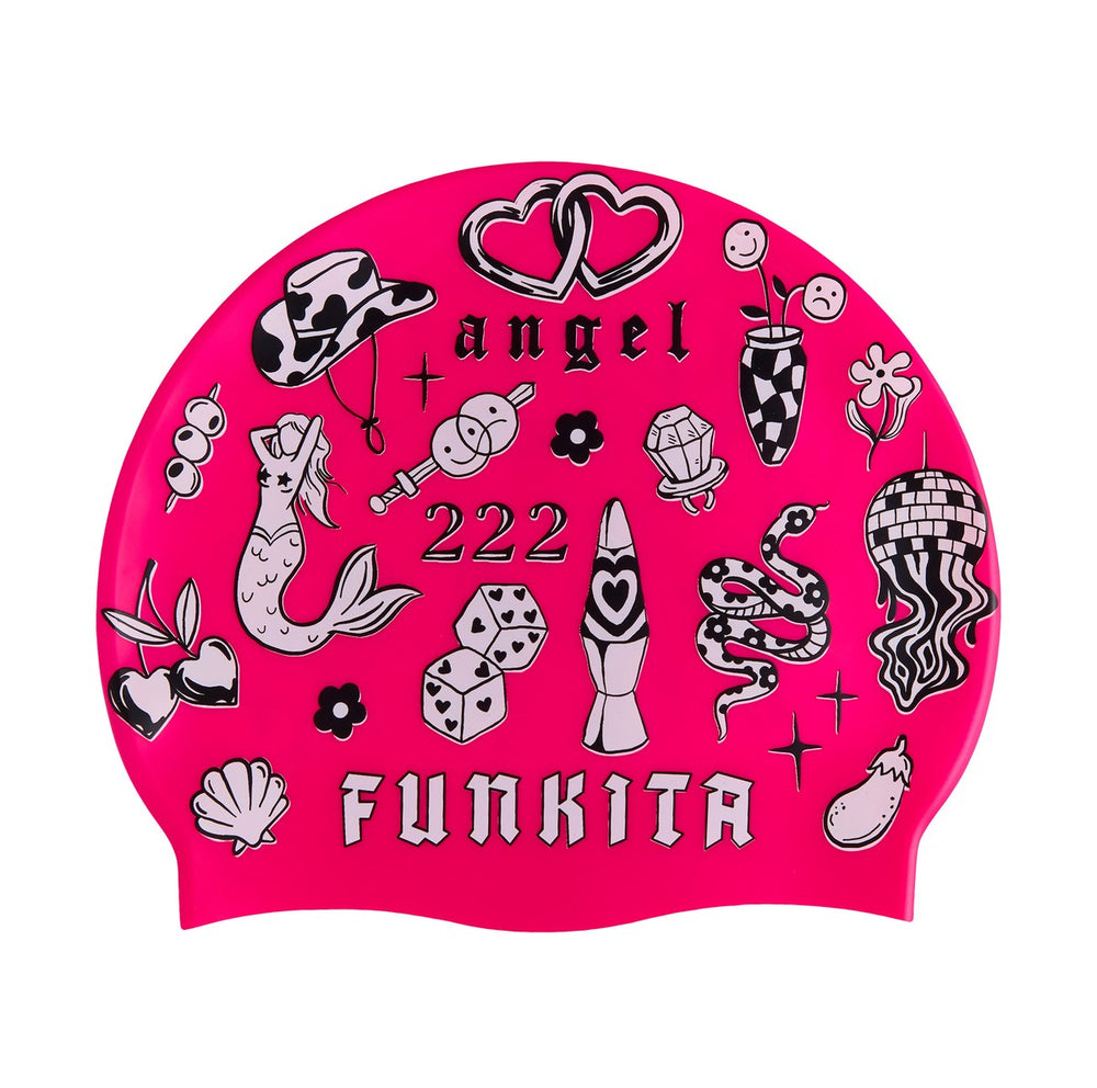 Way Funky sketchy silicone swimming cap in pink, black, and white with a fun, artistic design for comfortable waterwear.