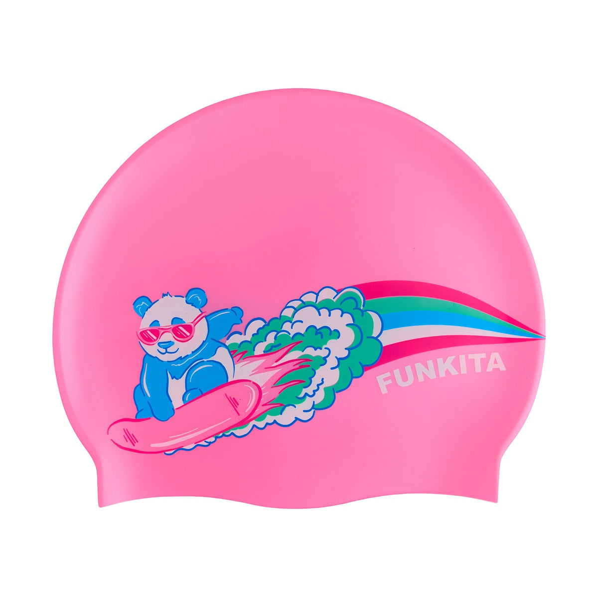 Pink and multi-colored Way Funky Sweet Surfers silicone swimming cap featuring playful surfer designs and a snug fit.