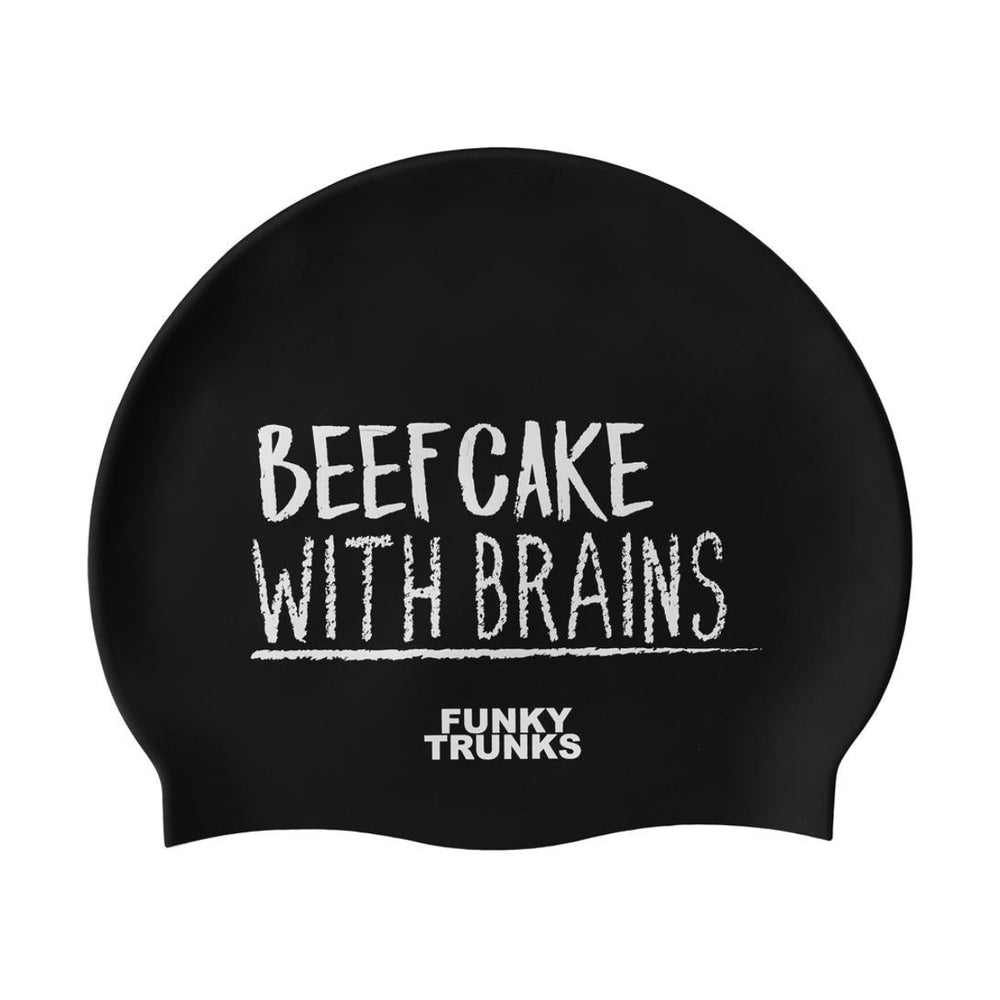 Black and white silicone swim cap with beef cake design by Way Funky, perfect for swimming and water sports.