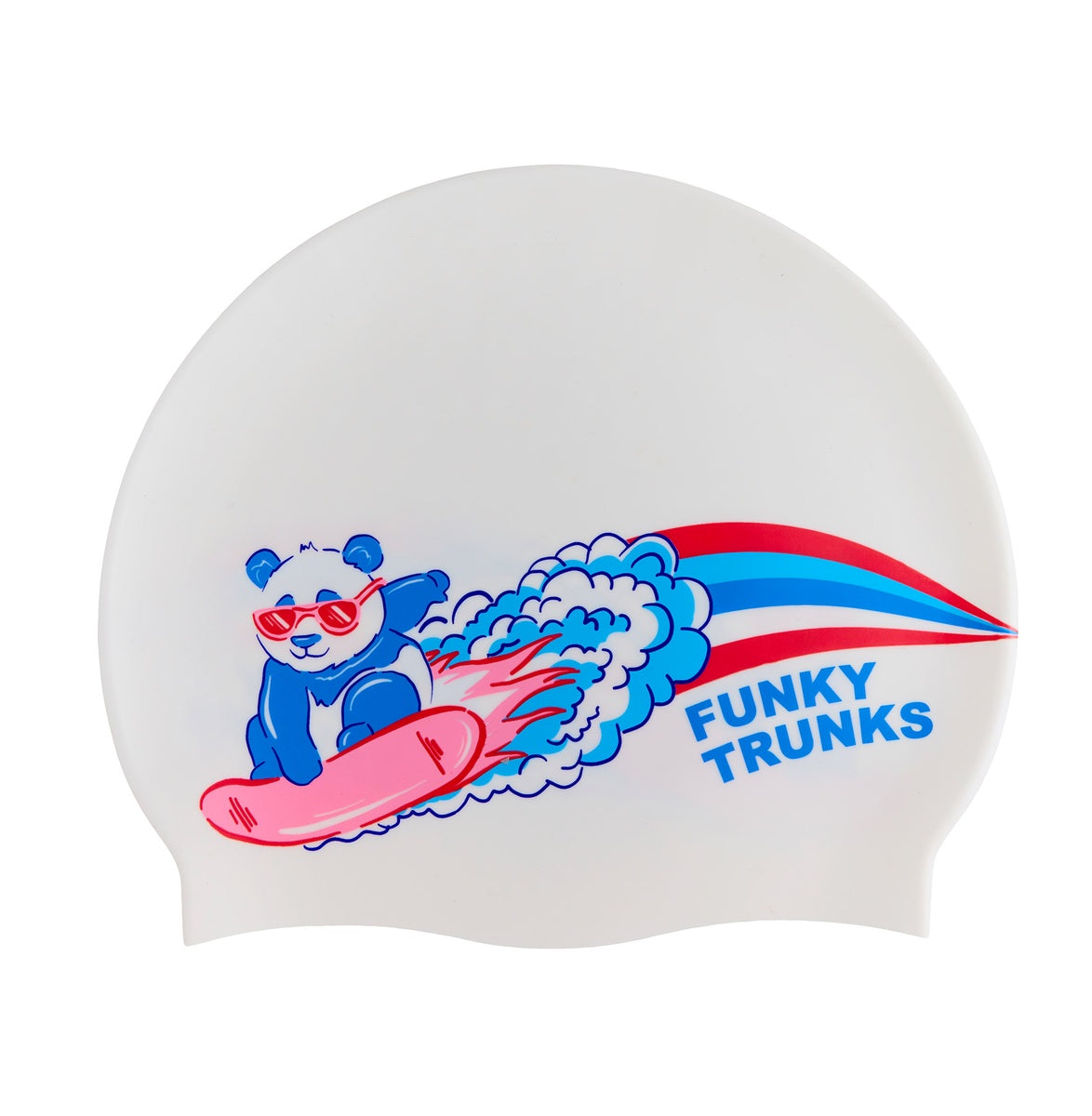 Way Funky Blast Buddies silicone swimming cap in white and multi-colored design, featuring playful cartoon characters for kids.