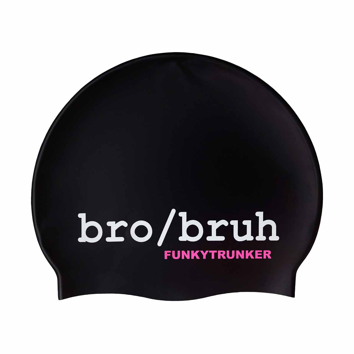 Way Funky Bro Bruh swim cap in black and white, stylish and snug-fitting swim hat for men, featuring bold branding and a comfortable fit.