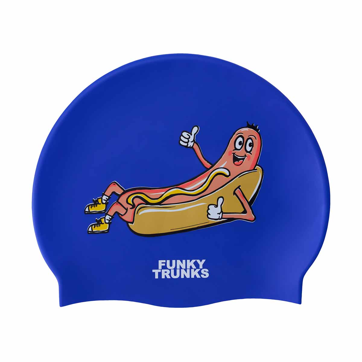 Bright blue and multi-colored Way Funky Hot Dawg swim cap with playful dog design, perfect for swimming and water activities.
