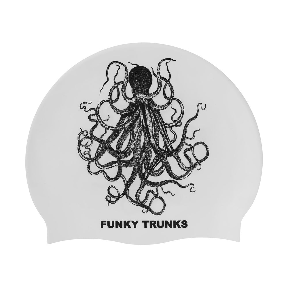 Way Funky Octomus black silicone swimming cap with white and black design, fits snugly for comfortable water sports.