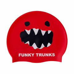 Red and black Way Funky Monster swim cap, featuring bold monster design, made for comfortable swimming and fun water activities.