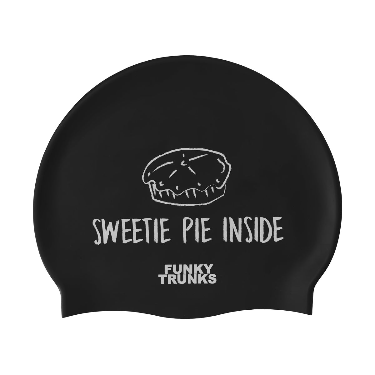 Black and white Way Funky Sweetie Pie silicone swim cap with playful design, perfect for swimming and water sports.