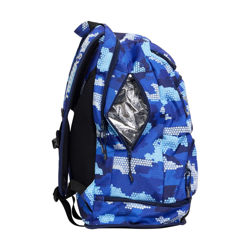Blue and multi-colored Way Funky Clean Marine Elite Squad backpack with multiple compartments and adjustable straps.