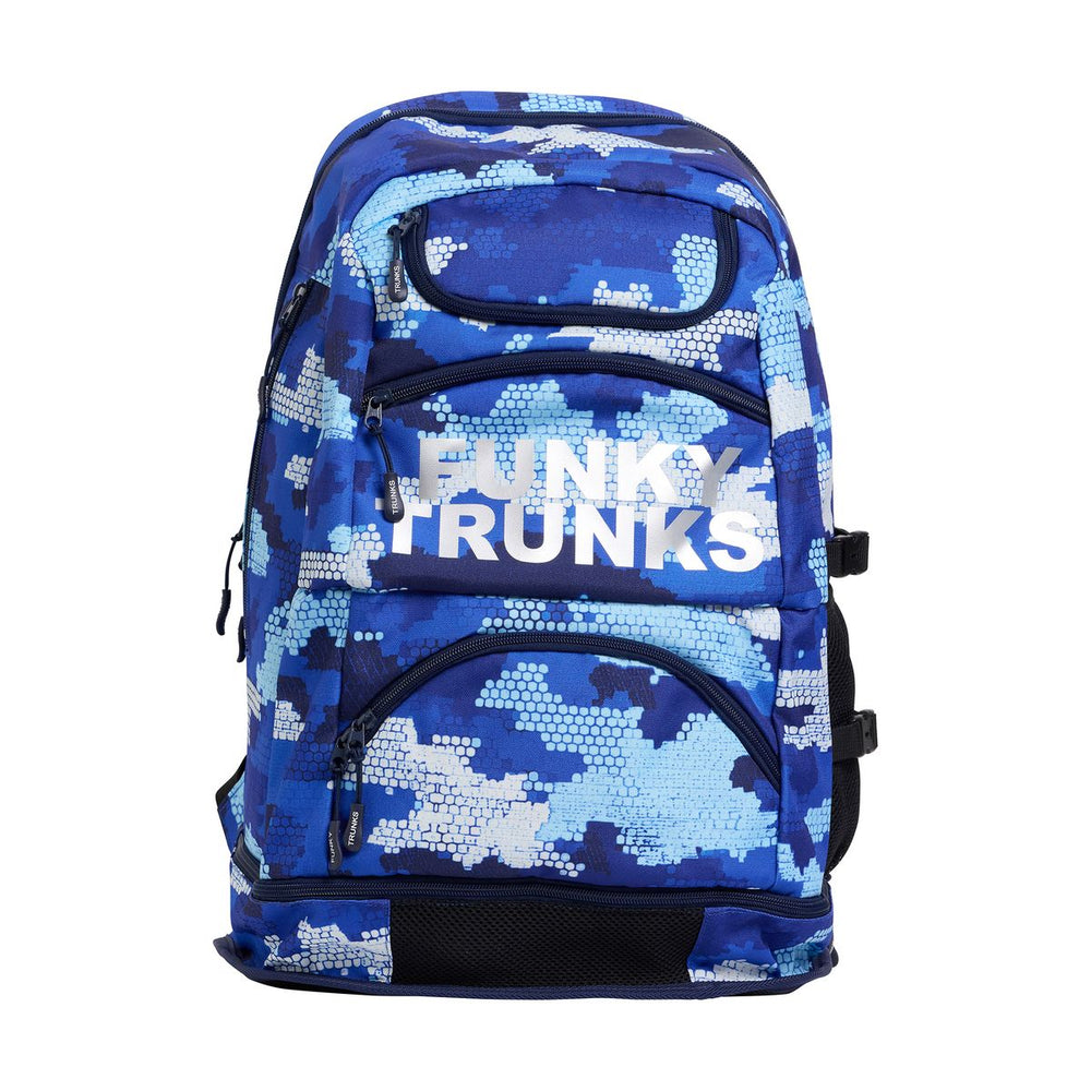 Way Funky Clean Marine Elite Squad backpack in blue and multi-color design showing multiple compartments and adjustable straps.