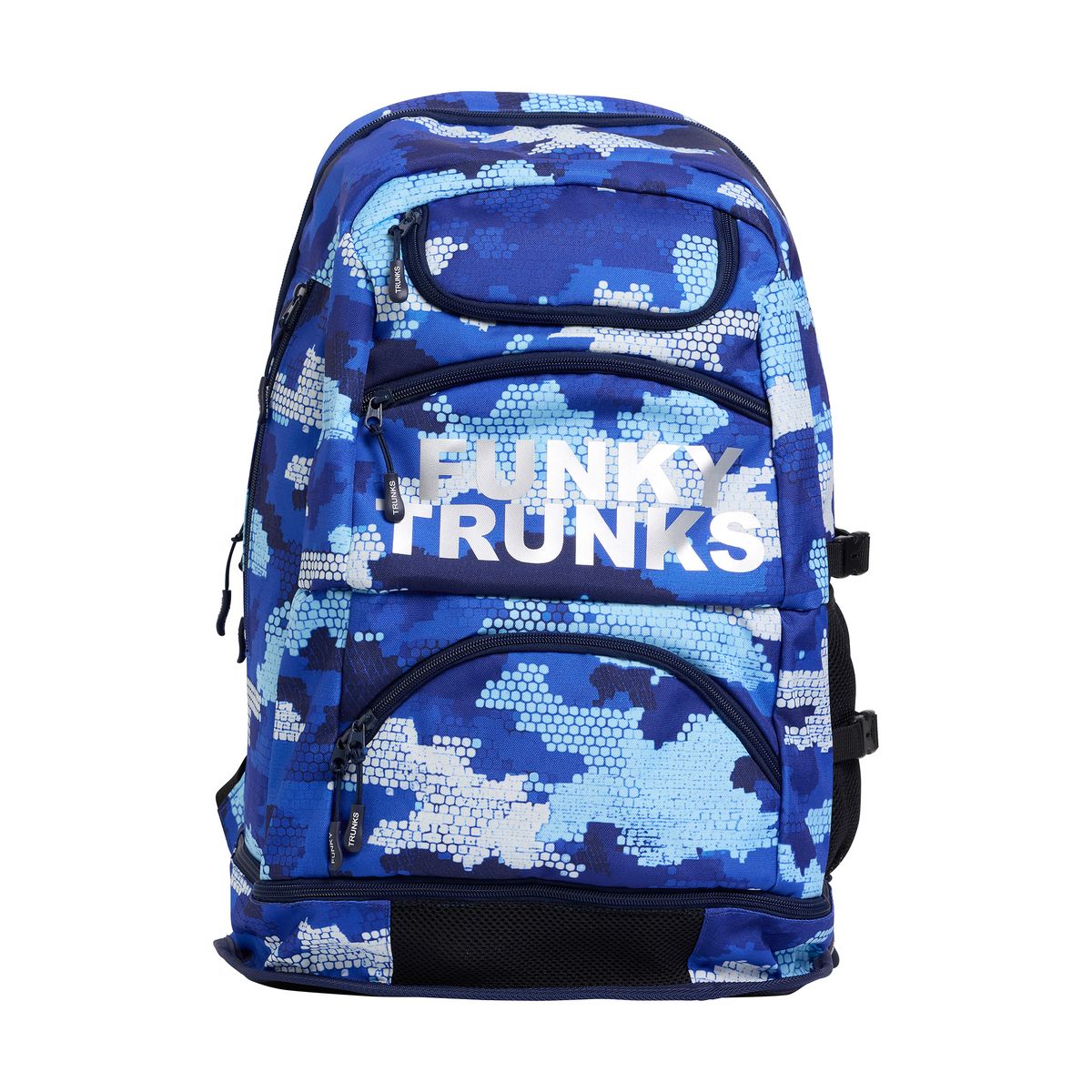 Way Funky Clean Marine Elite Squad backpack in blue and multi-color design showing multiple compartments and adjustable straps.