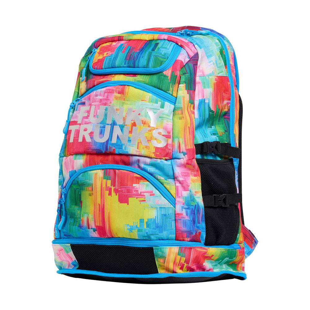 Way Funky Falling Colours Elite Squad backpack featuring vibrant multi-colored design and adjustable shoulder straps.