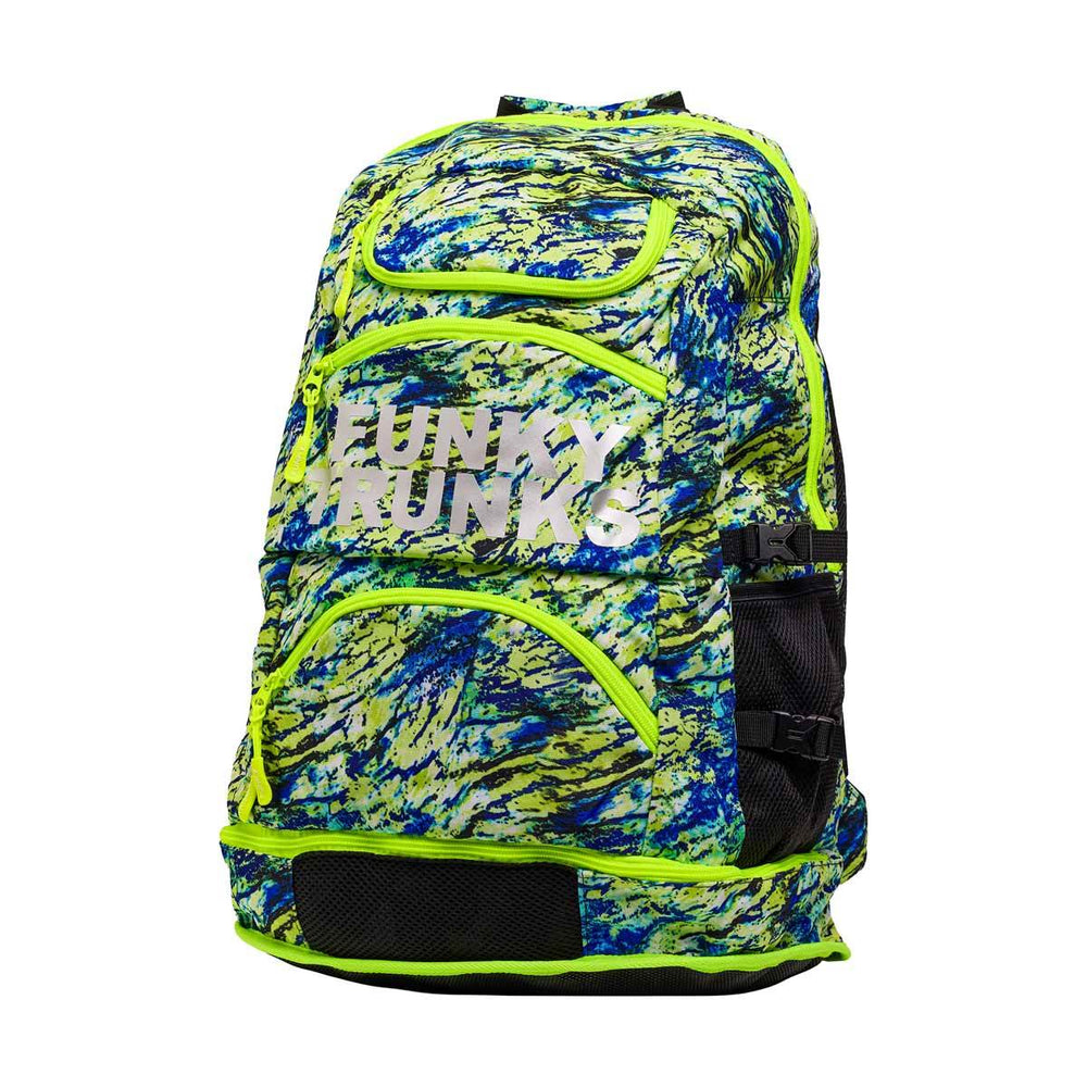 Way Funky Scaled Back Elite Squad backpack in multicolor with scaled pattern, featuring adjustable straps and multiple compartments.