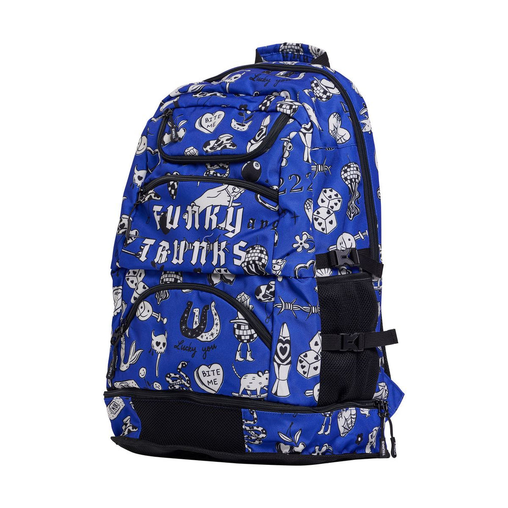Blue, black, and white Way Funky Scratchy Elite Squad backpack with multiple compartments and padded shoulder straps.