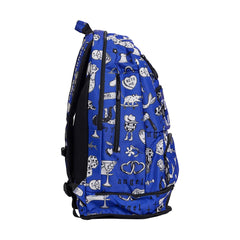 Way Funky Scratchy Elite Squad backpack in blue, black, and white with bold graphic design and multiple compartments.