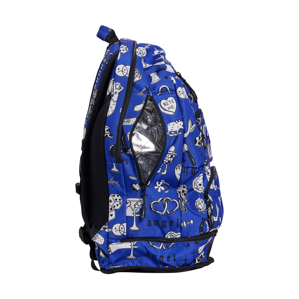 Way Funky Scratchy Elite Squad Backpack in blue, black, and white with bold scratchy design and multiple compartments.