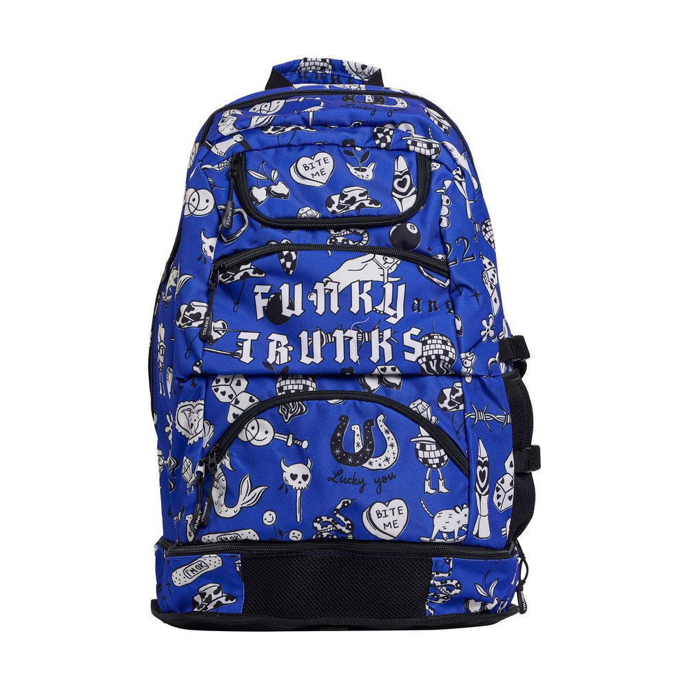 Way Funky Scratchy Elite Squad backpack in blue, black, and white with bold graffiti-style design and adjustable straps.